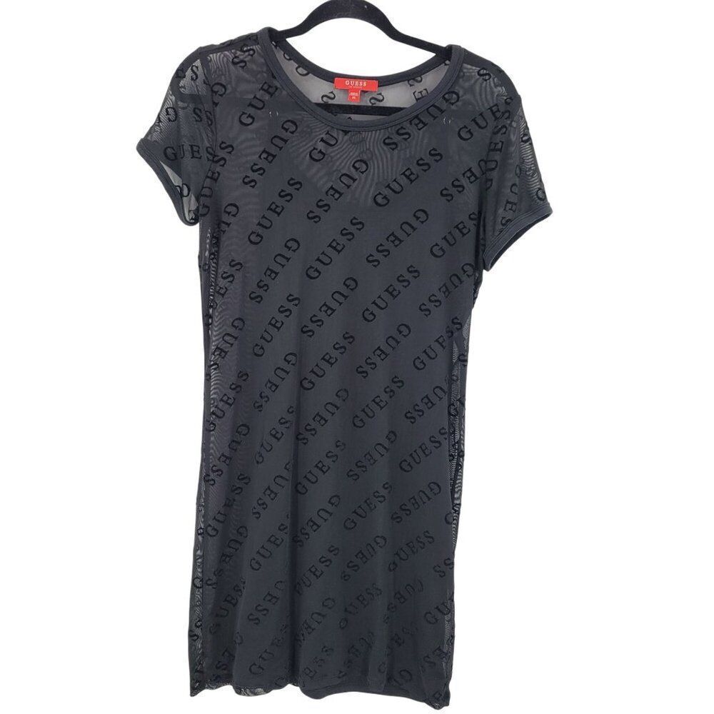 Y2K‎ Guess Black Sheer Mesh Velvet Logo Spell Out Mini Slip Dress Womens Sz M